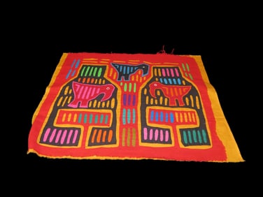 17 7/8" x 14 1/2" Vintage Kuna Indian Panama Mola Textile Embroidered  Panel Caged Birds, Ex Brian