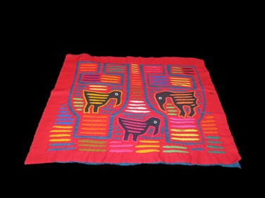 17 3/4" x 14 3/4" Vintage Kuna Indian Panama Mola Textile Embroidered Panel Caged Birds, Ex Brian