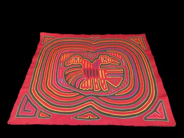 21 1/8" x 17 3/4" Vintage Kuna Indian Panama Mola Textile Embroidered Panel Two Headed Bird,Ex Brian