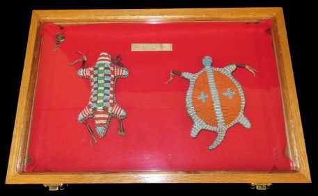 Set of 2 Northern Plains Umbilical Fetishes- Lizard and Turtle, in frame, Ex Marilyn Nabors