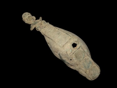 7 1/4" Pre-Columbian Copper Alloy Human Effigy on Throne Rattle/Noise maker, found in Peru, South