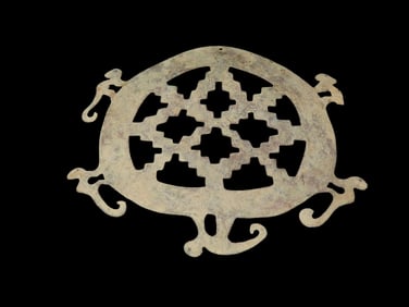 5 5/8" x 6 1/2" Pre-Columbian Copper Pendant, Geometric Design with Monkey Effigy Details, recovered