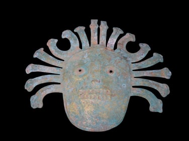7 1/4" Pre-Columbian Nazca Mummy Mask-Human face surrounded by serpents, copper or copper alloy,