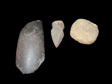Lot of 3 Hardstone Tools- Polished Celt heartbreaker, Grooved Axe Split Half, and Discoidal