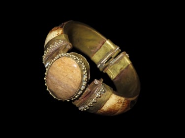 3" Antique Brass, Bone, and Agate Hinged Bracelet, missing closure pin, Heavy piece, Great detail,