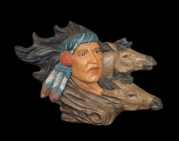 Vintage Ceramic Figurine Native American Indian Warrior With Horses 8?? Tall