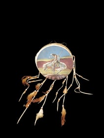 Vintage Decorative Hide Drum, hand painted "End of The Trail", feathers and beads