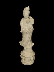 14 1/2" Vintage Blanc De Chine Chinoiserie Porcelain Figure of Quanyin, label reads- Fine Seyei