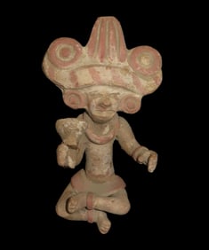 5 1/4" Tall Pre Columbian Pottery Figureen, Tan White and Red Paint Colors, Some Parts are Glued,
