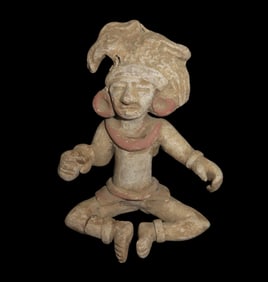 4 1/4" Tall, Pre Columbian Pottery Figureen, Tan White and Red Paint Colors, Some Parts are Glued,