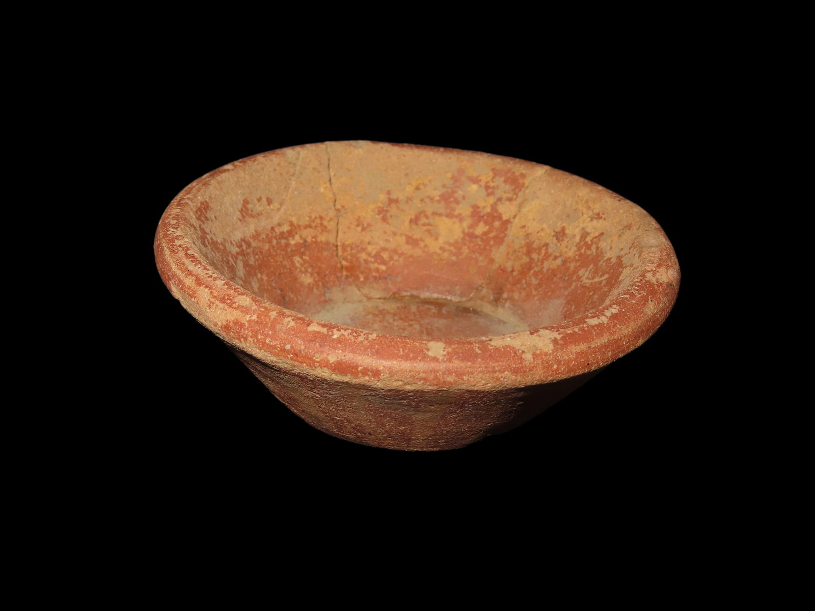 3 3/4" Dia. Red/ Tan Pre Columbian Pottery Dish, Glued, Mexico: 3 3/4" Dia. Red/ Tan Pre Columbian Pottery Dish, Glued, Mexico