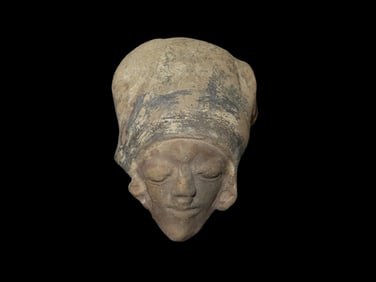 3" Pre-Columbian Pottery Human Head Effigy, features Elongated Skull, found in South America