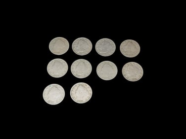 10 US Currency Silver Nickels, Late 1800's to Early 1900's