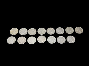 15 Indian Head Buffalo Nickels, USA Early American Currency
