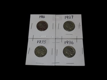 Nice Set of 4 Well Displayed Indian Head Buffalo Nickels, Early 1900's