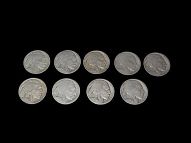 9 Buffalo Nickels, Early American Currency