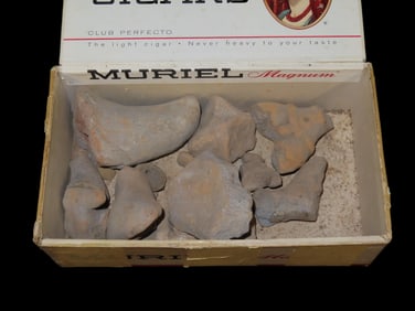 Cigar Box Full of Pre Columbian Pottery Relics, Figureens, Effigy Pieces