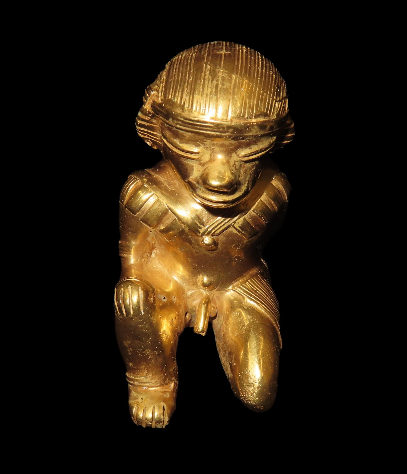 3 3/4" Pre-Columbian Tairona Tumbaga Figure of a Kneeling Man carrying a burden basket, found in Cos (1 of 6)