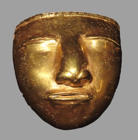 2 3/4" X 2 3/4" Pre-Columbian Tairona Tumbaga Human Face Effigy Burial Maskette, found in Costa Rica