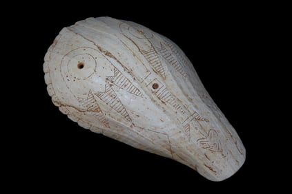 7 1/4" Intricately Engraved Shell Mask, Ex Jerry Maloney Collection, Eaton, Ohio. Jerry had a shop