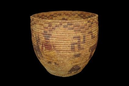 9" X 10 1/8" Meso American Hand Woven Basket, featuring human figures, burros, and swirling log