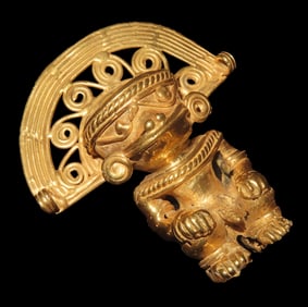 2 7/8" x 2 1/2" Pre Columbian Gold Tumbaga Tairona Figurine, Costa Rica, Exact Gold Content Unknown,