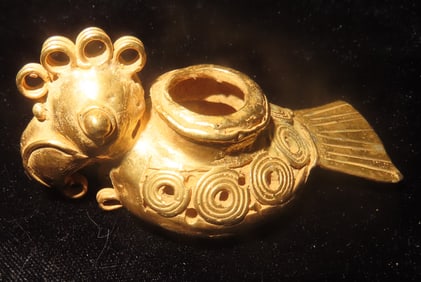2 7/8" x 1 3/8" Pre Columbian Tumbaga Bird Pot, Motley COA, Central America, Exact Gold Content