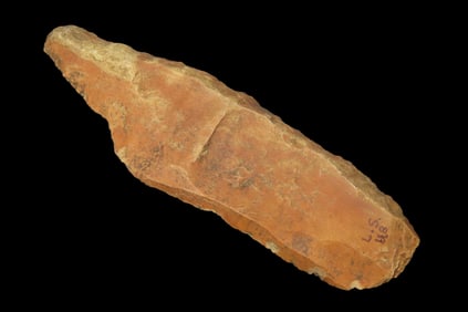 5 3/4" x 1 1/4" Paleo Uniface Blade with Great Orange Rive Stain, Found in the bottoms near Hillview