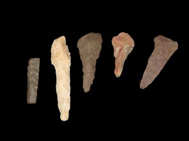 Grouping of 5 drills, Various sizes and shapes, Native American