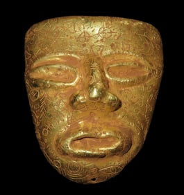 5 7/8" x 5 3/8" Pre-Columbian Tairona Tumbaga Mask, Covered in Glyphs, found in Columbia, Exact Gol