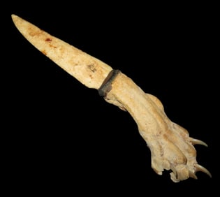 Signed Antique Hand made Knife-Mountain Lion Paw Hilt with Polished Bone Blade