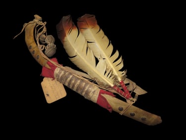 Antique Native American style Dance Rattle- Bone, Feather, and Bells- Ceremonial, Re-enactment, Movi