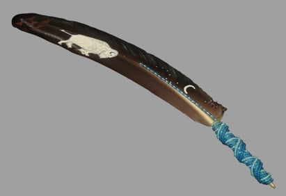 Painted Feather featuring a White Buffalo, Tipi's, and the night sky, with Beaded Quill