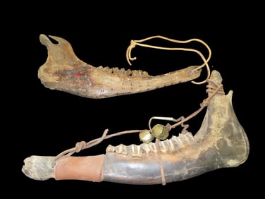 Vintage Pair of Native American-style Decorated Buffalo Jawbones- Dance Rattle with Bells, and War C