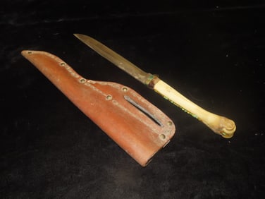 Antique Handmade Long Knife Deer Leg Bone with Leather Sheath