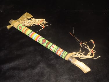 Tomahawk Pipe, Brass, Wood, and Buffalo Tooth- Intricately Beaded, Deer skin Fringe- Extraordinary I