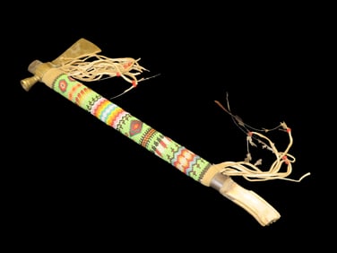 Tomahawk Pipe, Brass, Wood, and Buffalo Tooth- Intricately Beaded, Deer skin Fringe- Extraordinary I