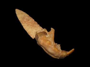 Antique Beaver Jawbone Knife, w/Flint Blade-Decorative, Re-Enactment, Rendezvous, Movie Prop