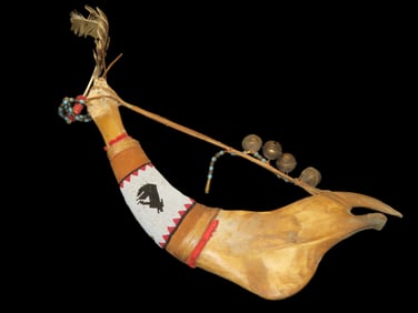 Antique Native American Style Buffalo Jaw Ceremonial Dance Rattle, Depicting Howling Wolf, Intricate