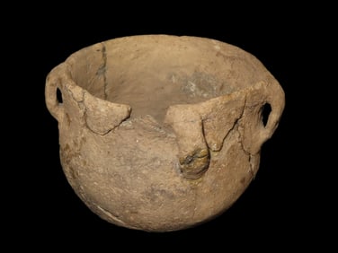 Mississippian Pottery Container, broken and glued, pcs missing.