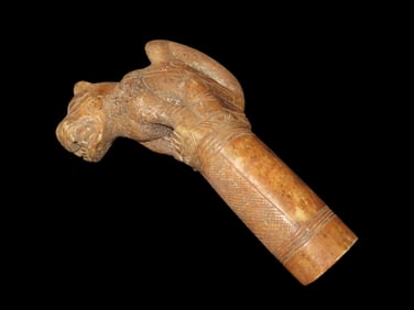 8" X 5 1/4" Pre Columbian Bone Scepter, Jaguar Effigy, Motley COA, Leithoff COA, Central America