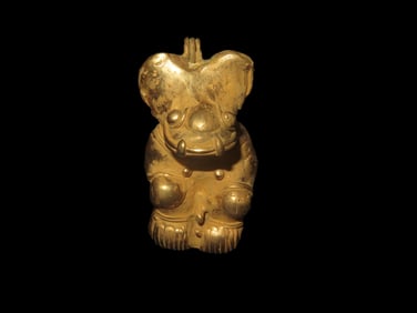 1 3/4" Pre Columbian Tairona Tumbaga Sitting Morphed Effigy Idol Figurine Pendant, Gold/Copper Alloy