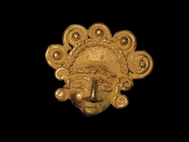 1 1/4" Pre Columbian Tairona Tumbaga Maskette Figurine Pendant, Gold/Copper Alloy