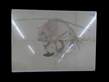 32" X 23" Original Japanese Art Depicting A Fisherman with a Catch the Size of a Human, EX Richard