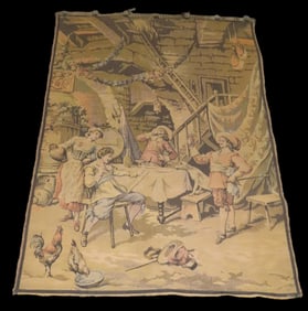 French Jacquard Tapestry Depicting a Tavern Scene, Featuring 3 "Muskateers", A Barmaid, and