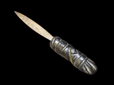 8 1/2" Amazing Pre-Columbian Style Knife w/Obsidian Mayan Effigy Handle