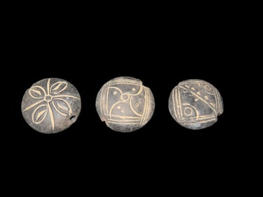 Lot of 3 Neolithic African Pottery Beads, Engraved