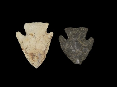 Grouping of 2 Corner Notched Arrowheads Found by Walter Johnson in Seneca, Illinois, Across From