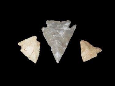 Grouping of 3 Arrowheads, One very finely made Found by Walter Johnson in Seneca, Illinois, Across