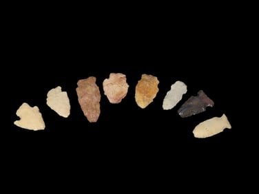 Grouping of 8 Arrowheads Found by Geoff Sandt in St. Louis Co. Missouri, Known as the Rockhunter on